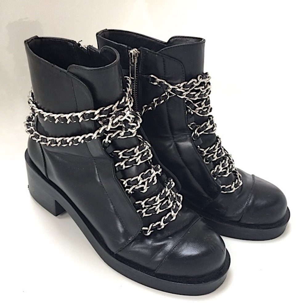 Zara Black Leather With Chains Lace-Up Ankle Boots